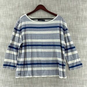Polo by Ralph Lauren Boat Neck Blue Striped 100% Linen 3/4 Sleeve Blouse XL